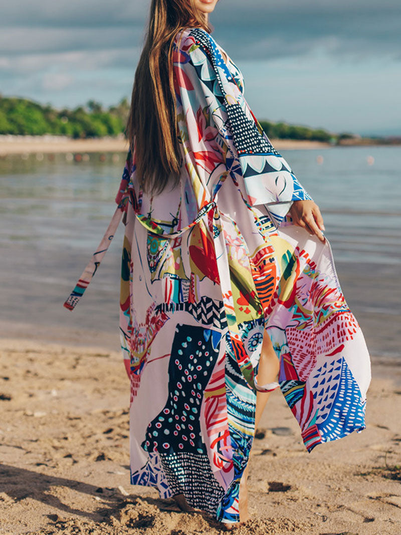 Beachwear & Swimwear Polyester Kimono Floral Print With Doll Print On Back Multicolor Color Long Length Gown Kimono Duster Ro
