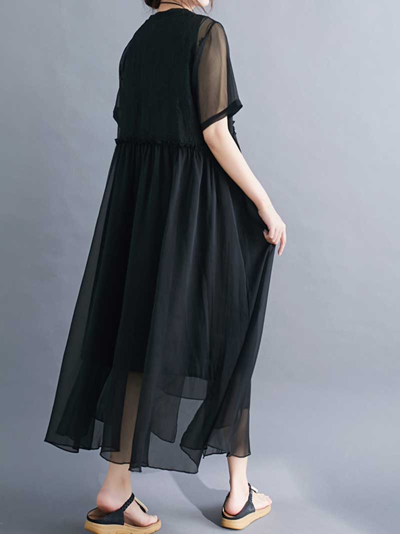 Lace Bodice Sheer Overlay Empire Waist Handkerchief Hem Midi Dress - View 6