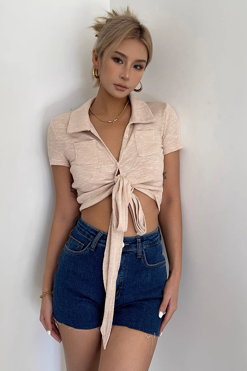 Ribbed Knit Crisscross Front Shirts Tops