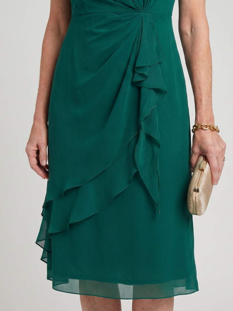 Round Neck Short Sleeve Ruched Waist Ruffle Front Midi Dress 7