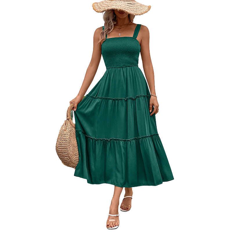 Square Neck Smocked Sleeveless Tiered Midi Dress 7