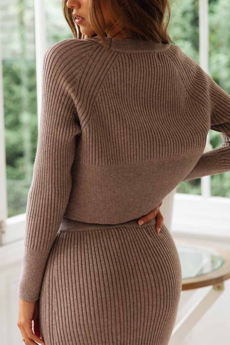 Knitted Solid Color Sweater Skirt Suit  Fashionpara