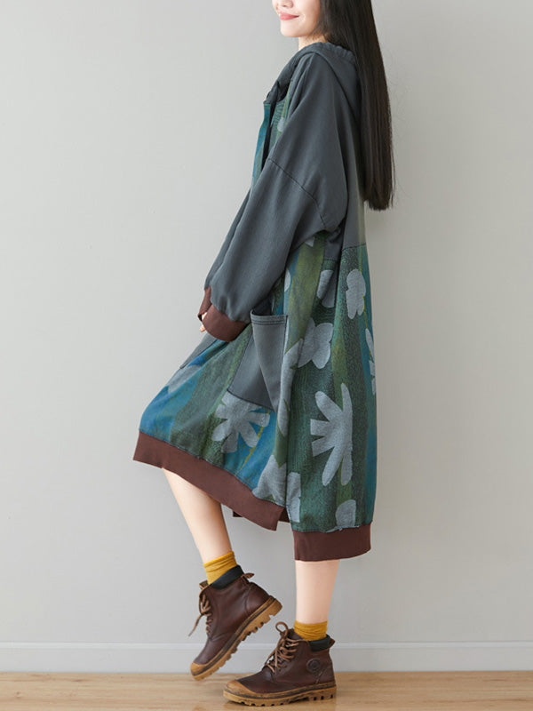 Floral Print Hooded Long Sleeve Pocket Sweatshirt Dress 5