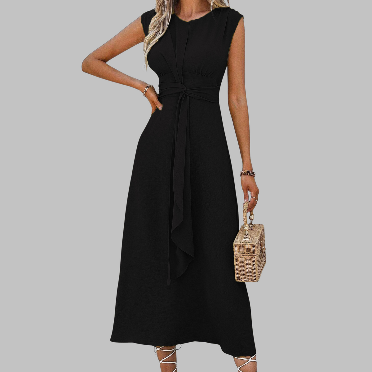 Round Neck Cap Sleeve Tie Waist A-Line Midi Dress 4