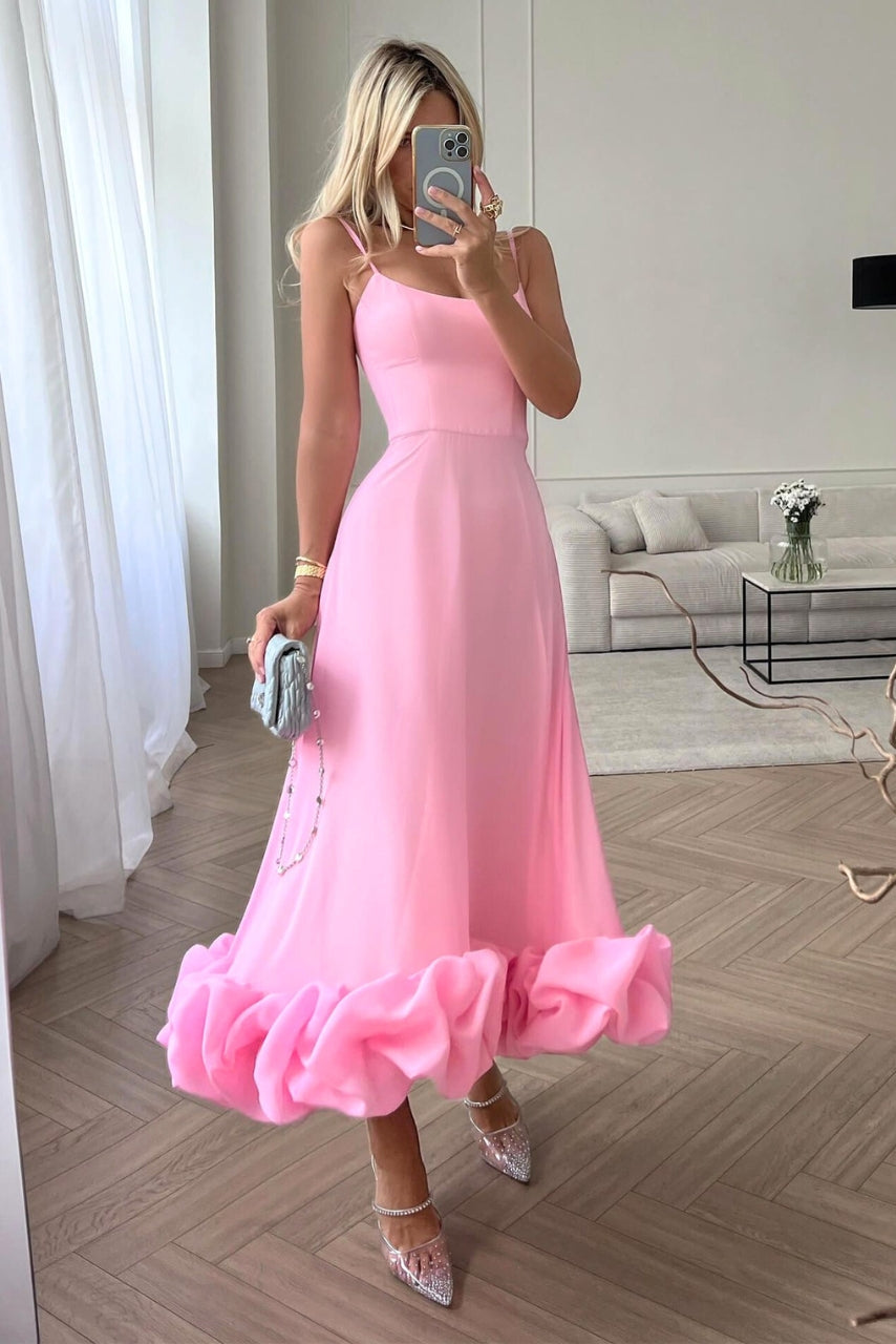 Scoop Neck Spaghetti Strap Ruffle Hem Satin Midi Dress 4
