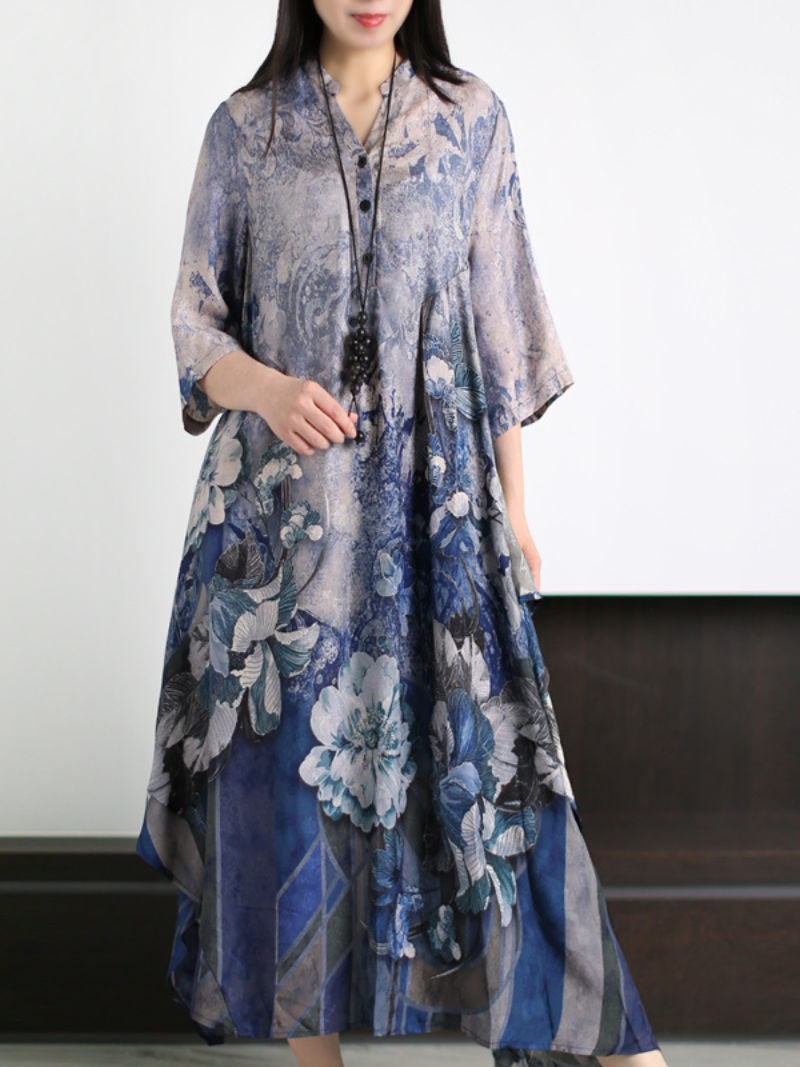 Floral Print Stand Collar Half-Sleeve A-Line Maxi Dress 2