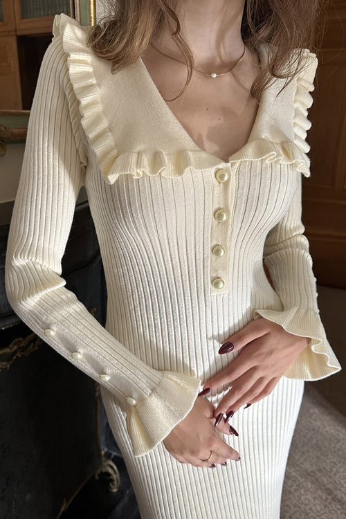 Ribbed Knit Ruffle Collar Button Front Bodycon Midi Dress 6