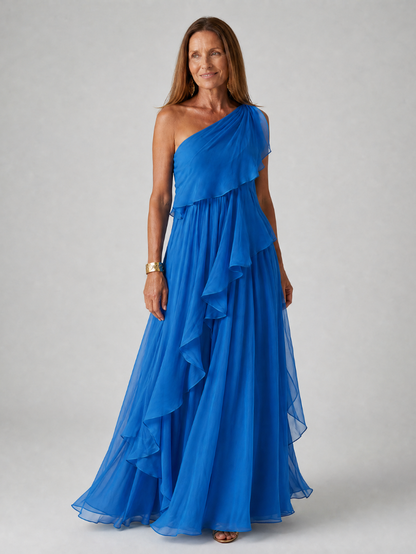 One Shoulder Ruffle Tiered Chiffon Maxi Gown 4