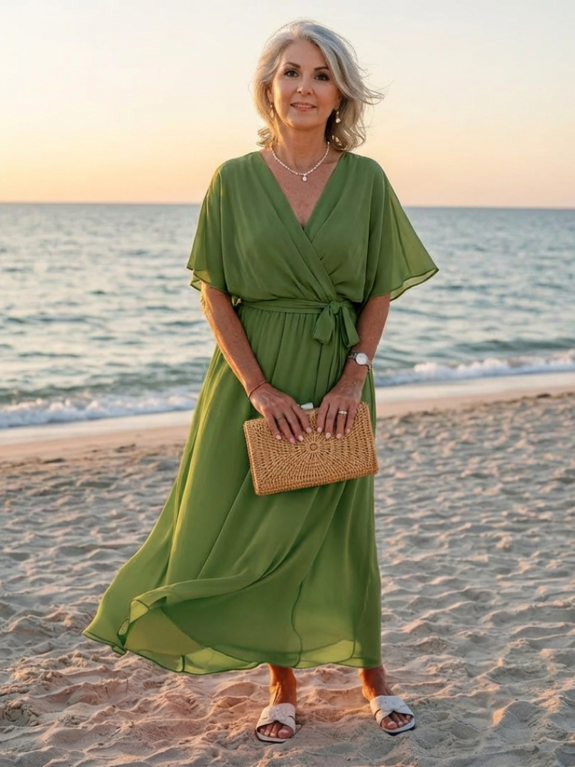 V-Neck Kimono Sleeve Waist Tie Ruffle Hem Midi Dress 7