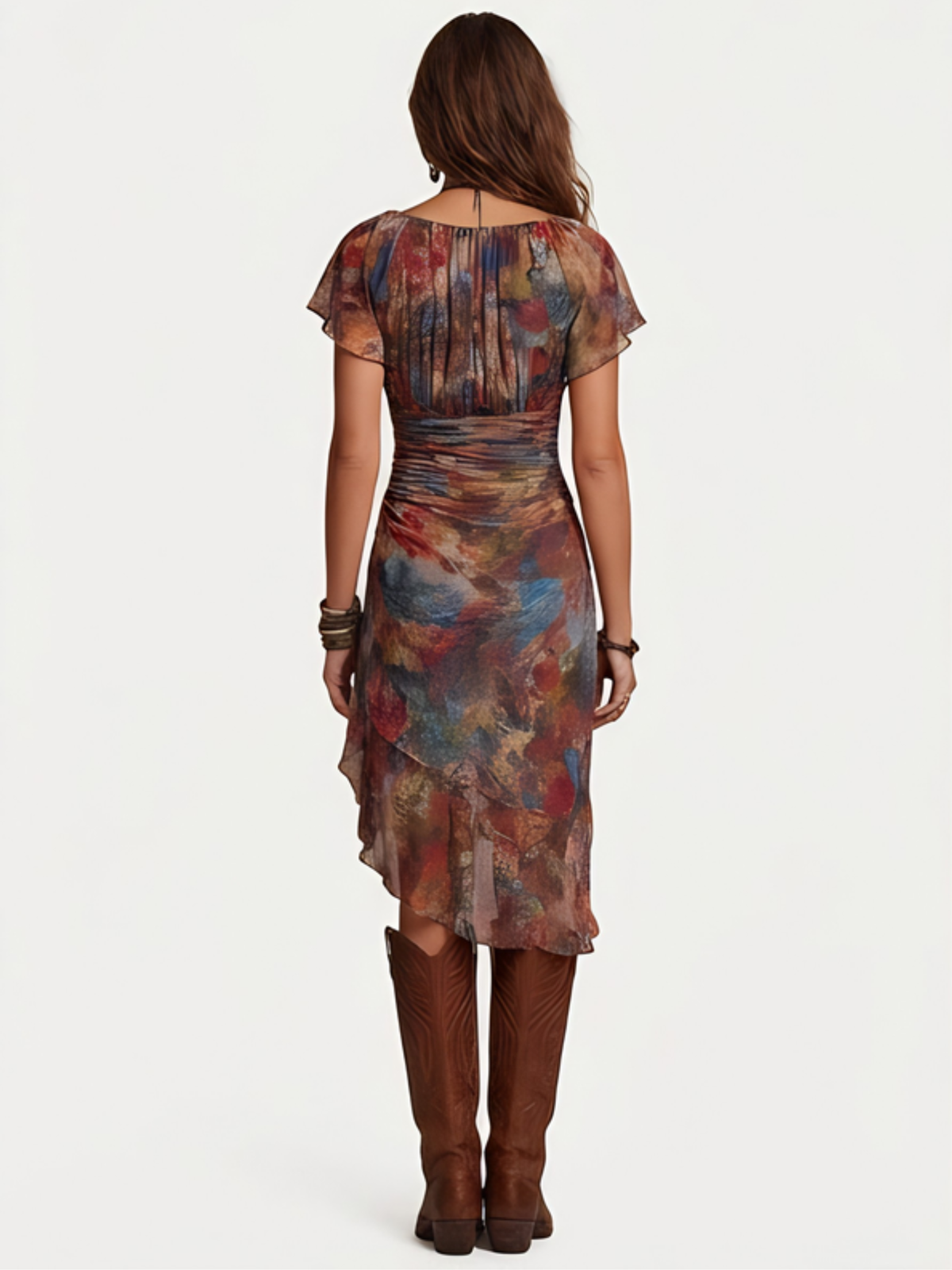 Watercolor Print V-Neck Flutter Sleeve High Low Midi Dress 3