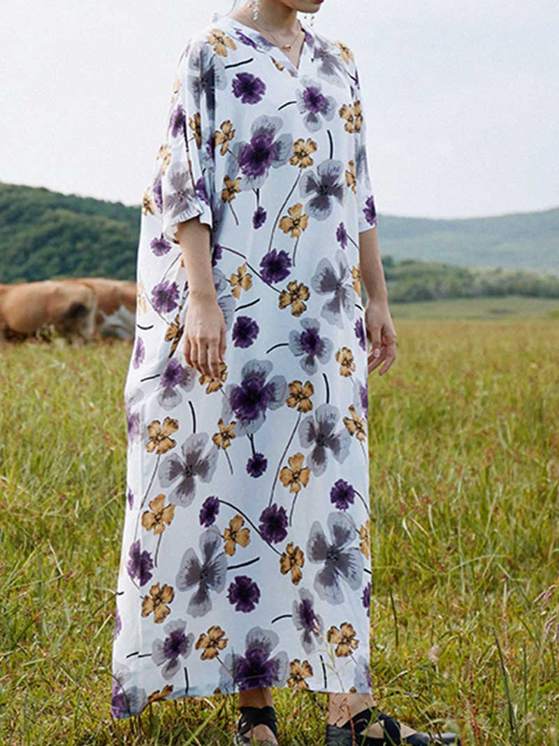 Floral Print V-Neck Half Sleeve Kaftan Maxi Dress 6