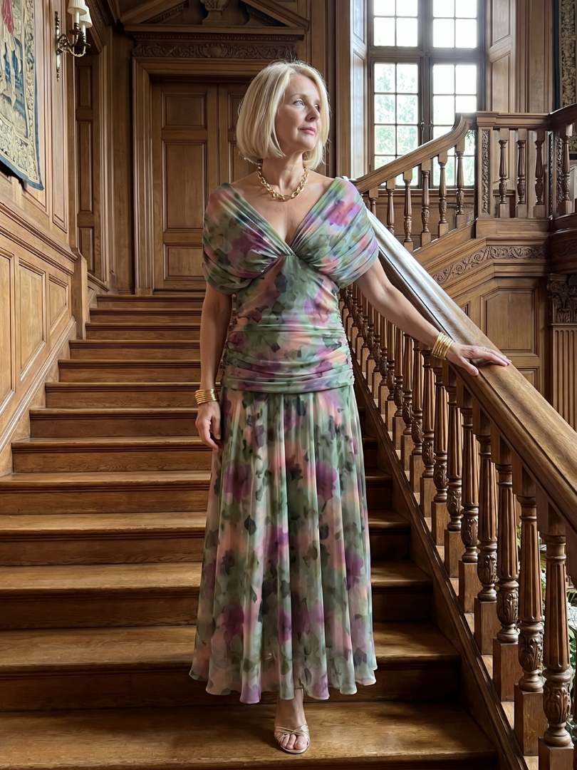 Floral Off Shoulder Ruched Chiffon Maxi Dress 13