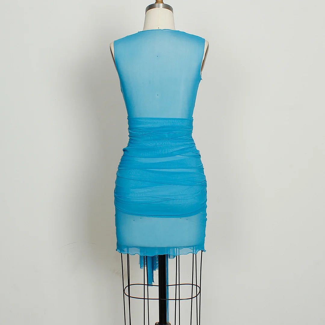 Sheer Mesh Wrap Tie Ribbon Mini Dress - Fashionpara