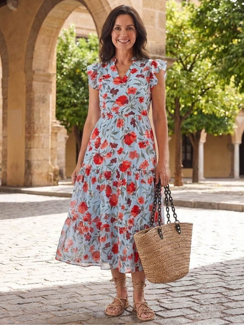 Floral Ruffle Sleeve Split Neck Tiered Maxi Dress 10