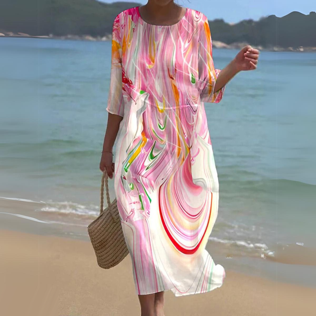 Floral Round Neck Half Sleeve Shift Summer Midi Dress - View 14