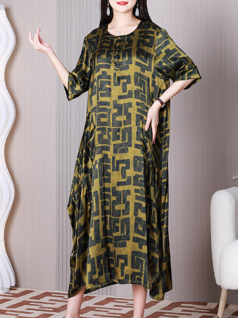 Geometric Maze Print Round Neck Cocoon Midi Dress 6