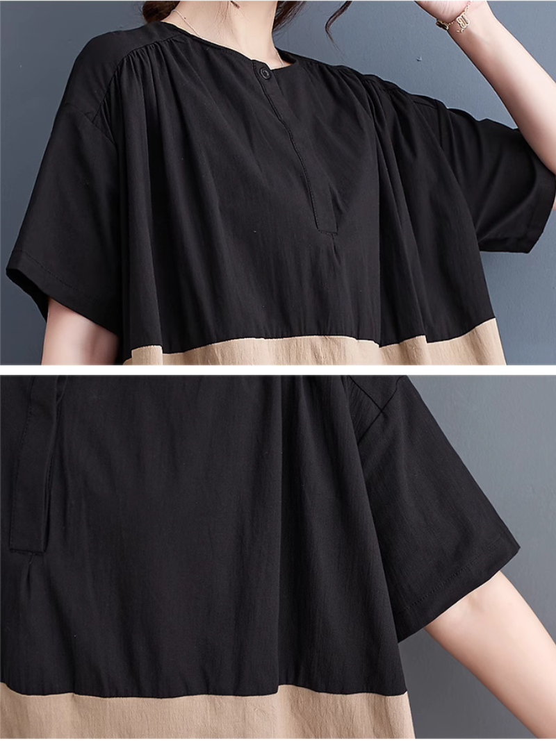 Colorblock Button Front Oversized Short Sleeve Midi Dress - View 6
