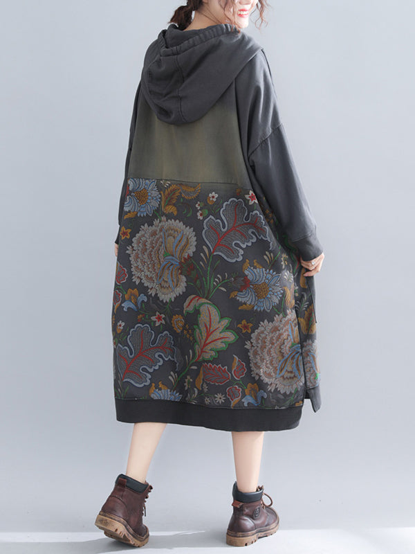 Jo V-Neck Hooded Sweatshirt Floral Prints Shift Dress - Fashionpara