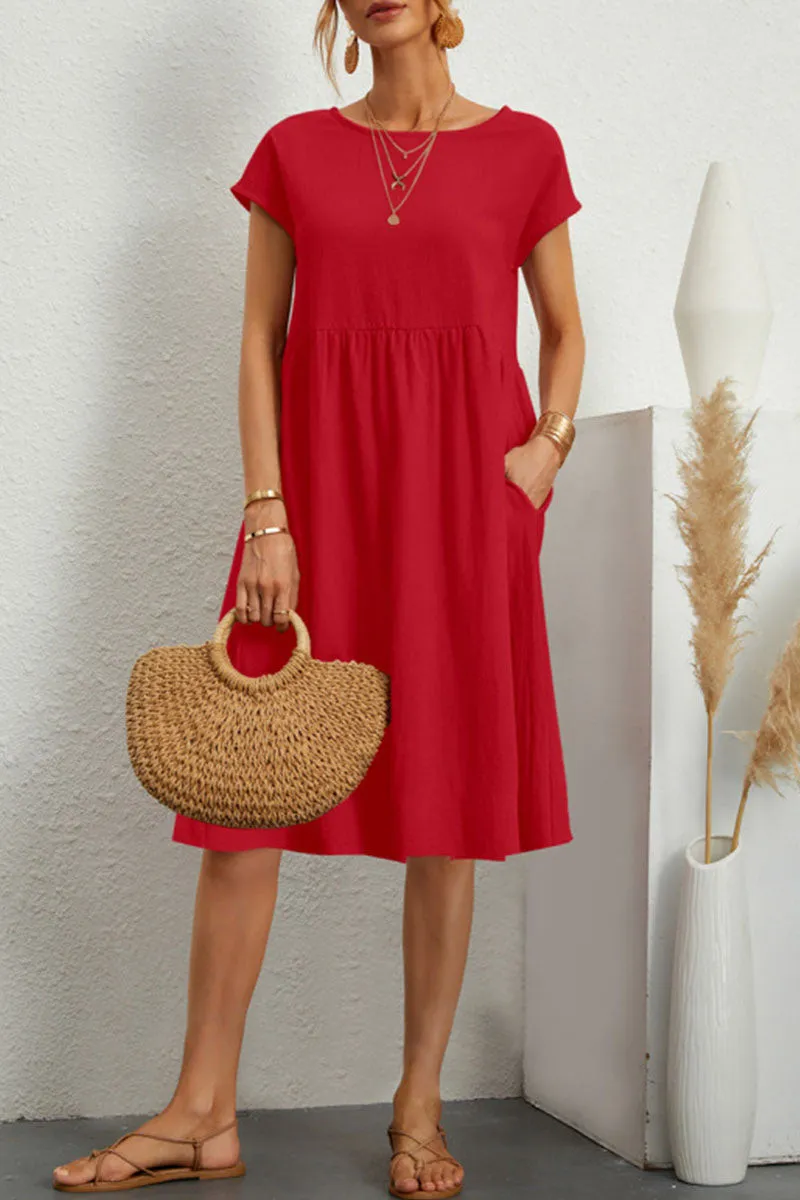 Linen Blend Print A-Line Short Sleeve Midi Dress - View 7
