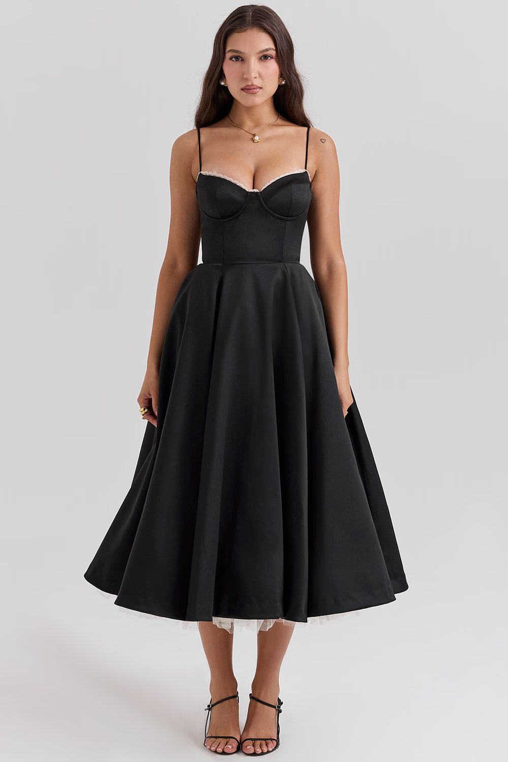 Spaghetti Strap Sweetheart Lace Trim Corset A-Line Midi Dress - View 10