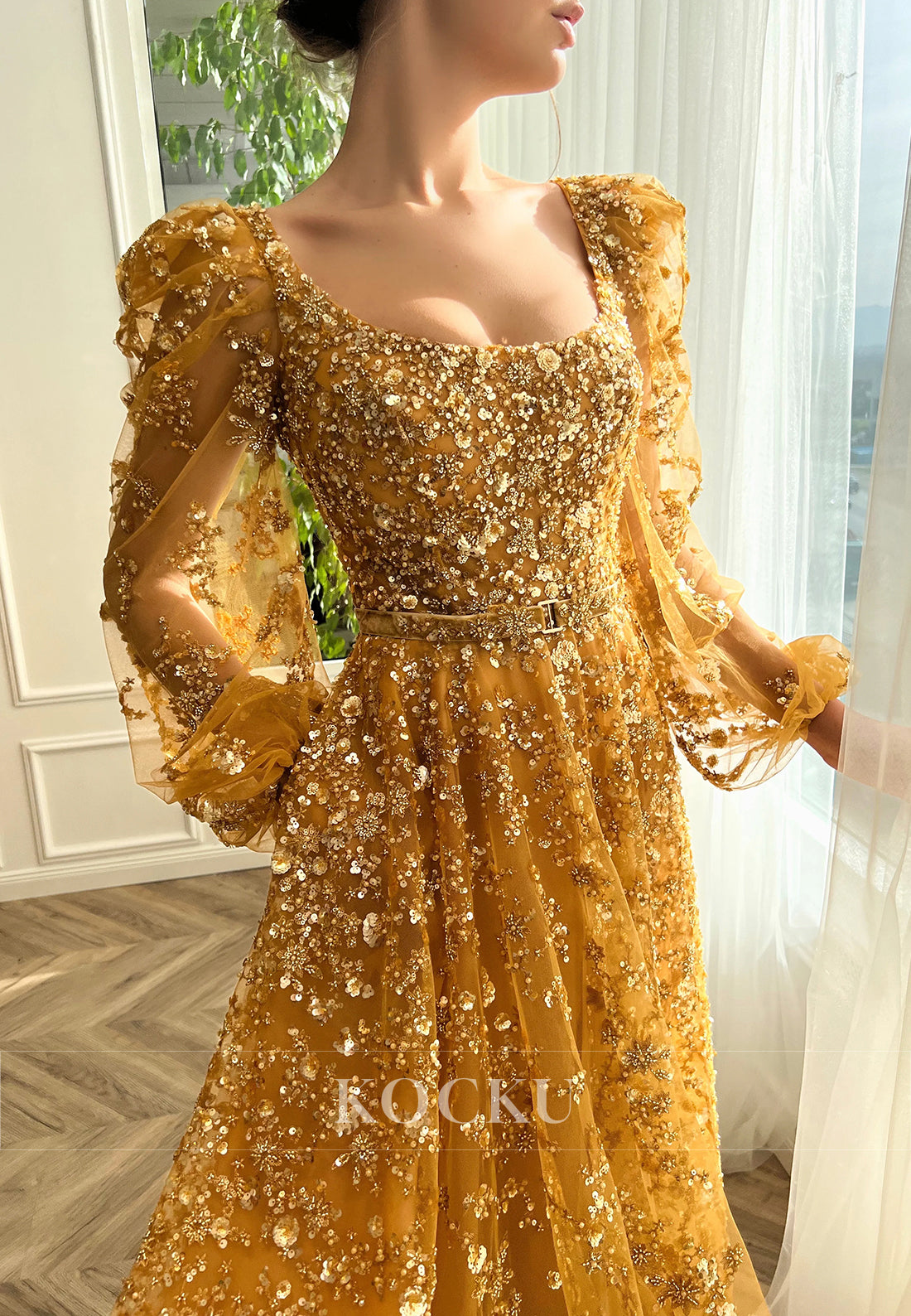 Long Sleeve Square Sequins Beaded Embellished Pleated Prom Dresses