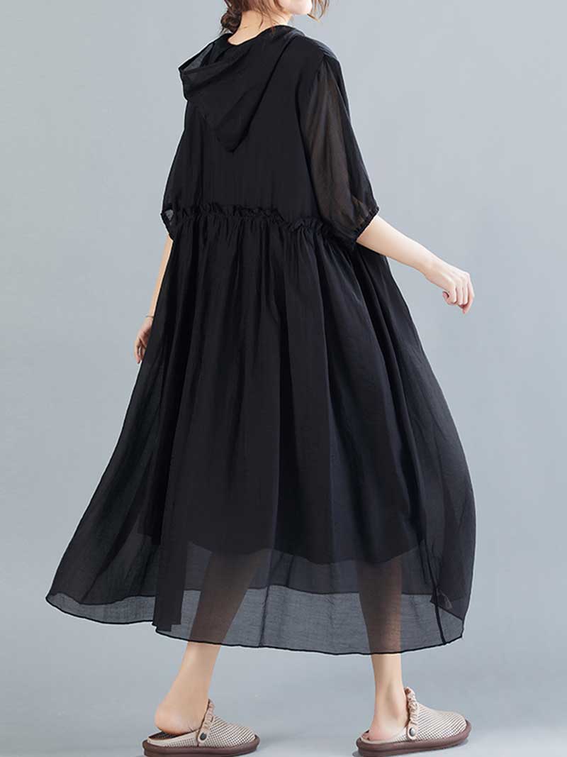 Plain Cotton Short Sleeves Hooded Style A-Line Dress 11