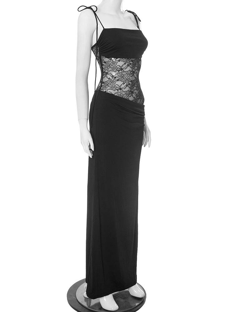 Strappy Lace-Panel Straight-Neck Column Maxi Dress 7
