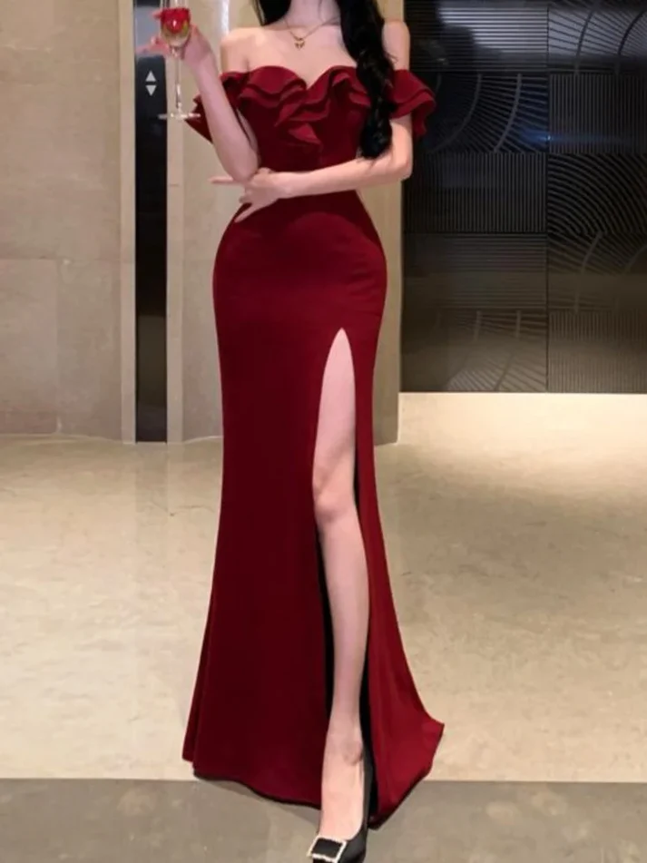 Stylish Burgundy Off The Shoulder Satin Slit Mermaid Evening Dress Long Wedding Guest Dress D1558