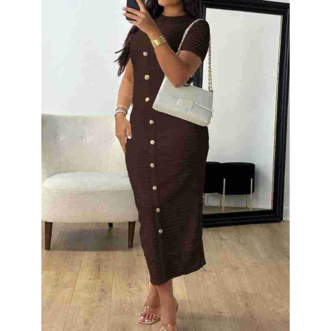 Crew Neck Short Sleeve Button Front Textured Bodycon Midi Dress 7