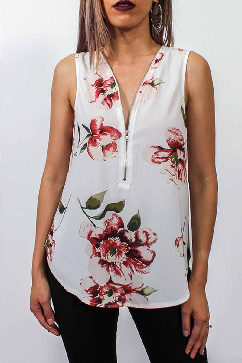 Florcoo Summer Fashion Zipper Design Floral Tank Top