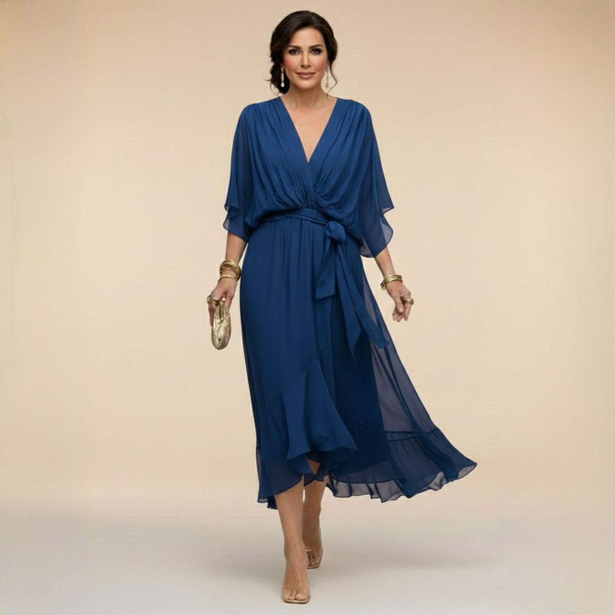 Deep V-Neck Flutter Sleeve Wrap Tie Ruffle Hem Chiffon Midi Dress 5