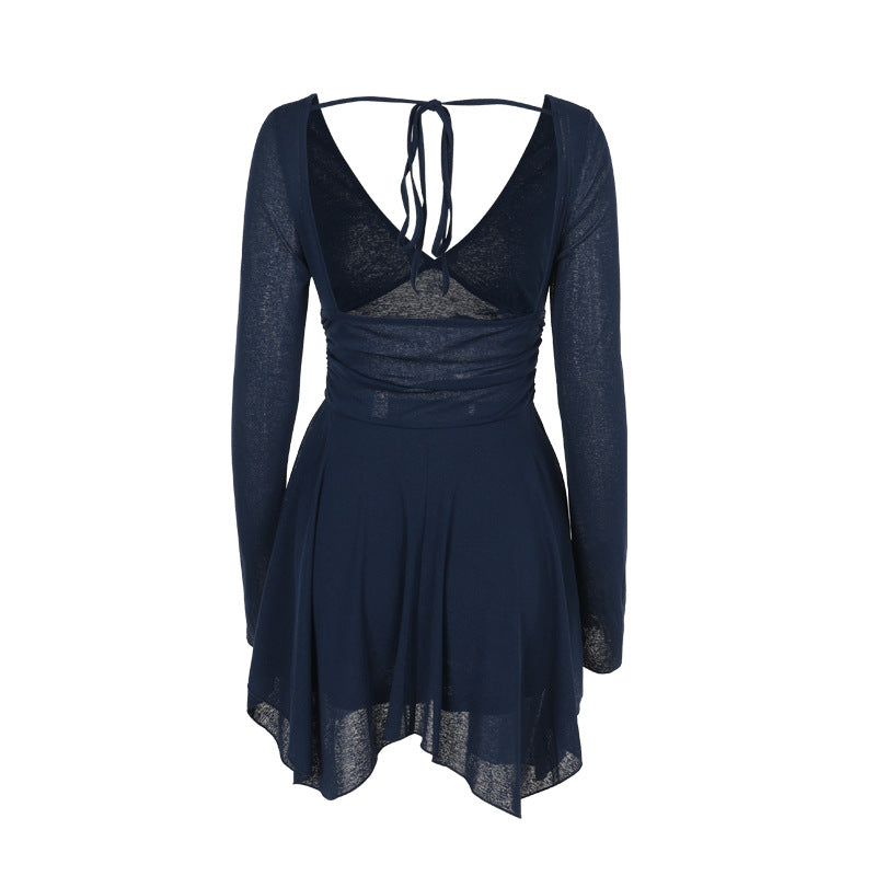 Knit Deep V-Neck Long Sleeve Flared Mini Dress 7