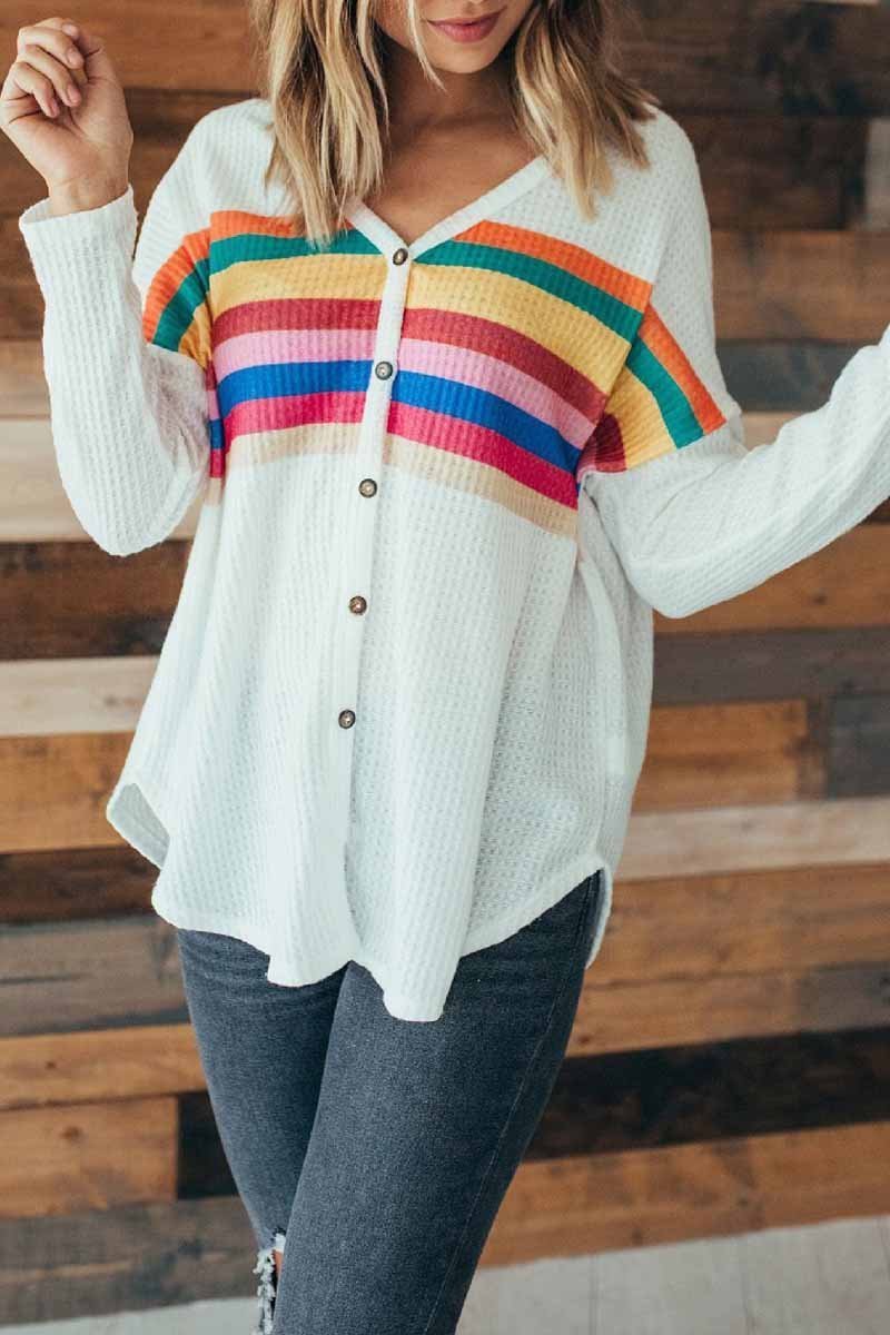 Florcoo Striped Rainbow Casual Button Tops - Fashionpara