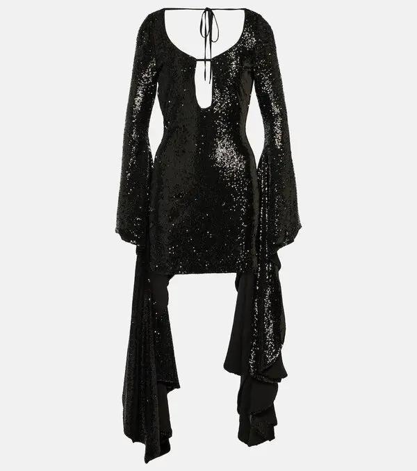 Sequin Scoop Neck Flared-Sleeve Draped Mini Dress 7