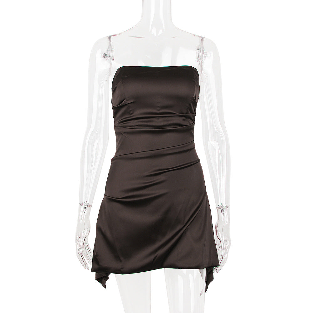 Strapless Ruched Satin Asymmetric-Hem Bodycon Mini Dress 7