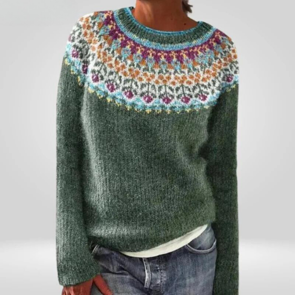 Fair Isle Yoke Crew Neck Knit Sweater 2