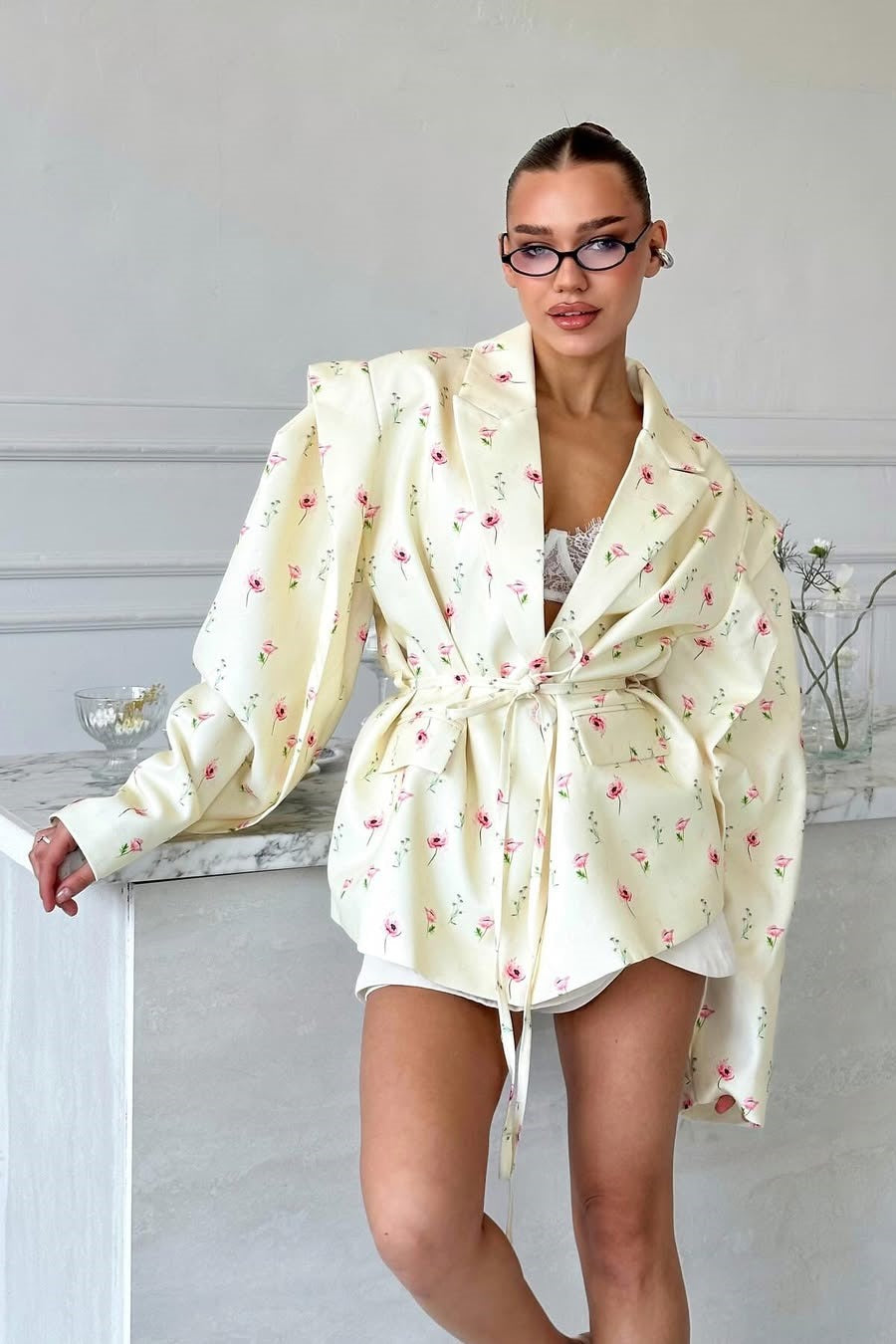 Long Sleeve Printed Waist Tie Blazer