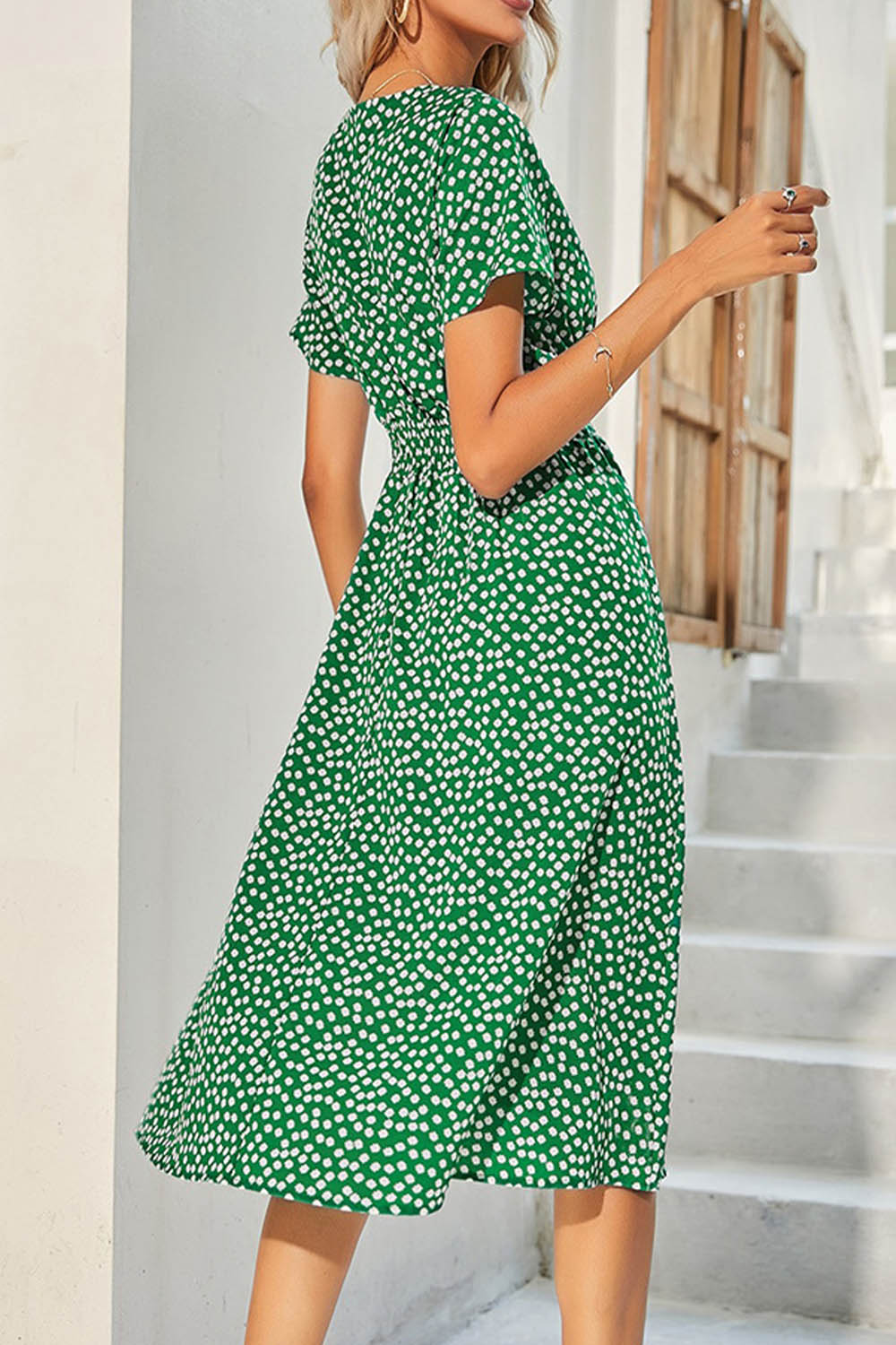 Polka Dot V Neck Short Sleeve Midi Dress - Fashionpara