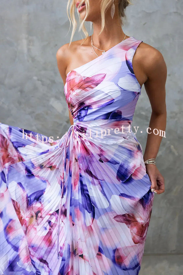 Laken Floral Print One Shoulder Adjustable Tie Cutout Pleated Maxi Dress - Fashionpara