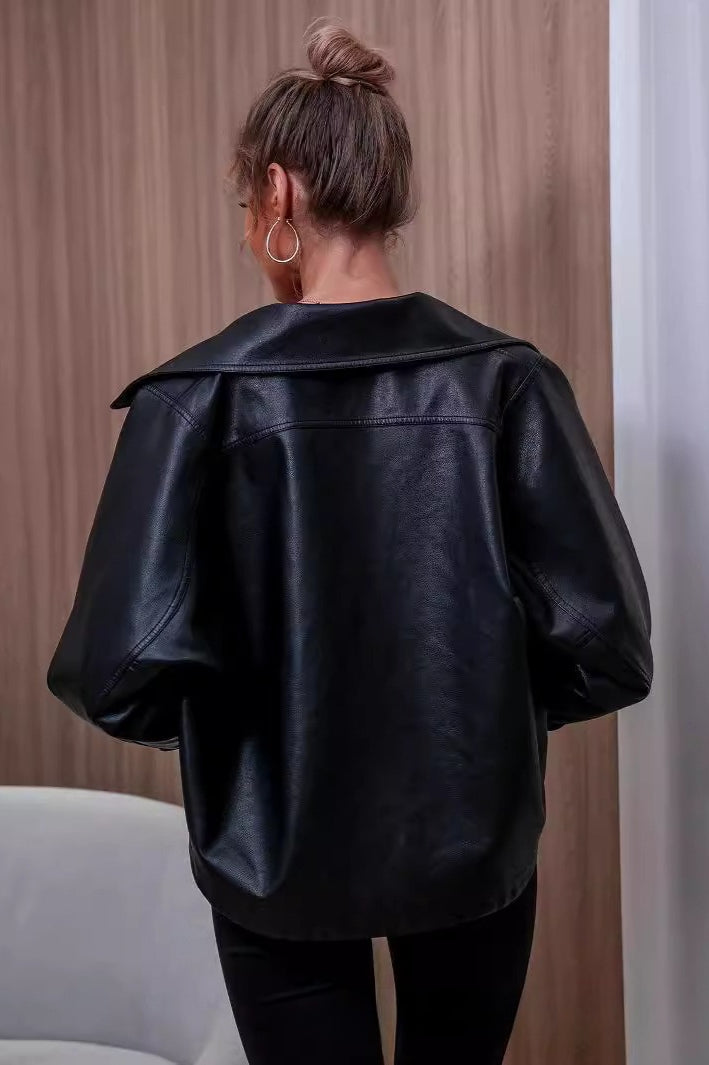 Black Short Faux Leather Collared Loose Jacket