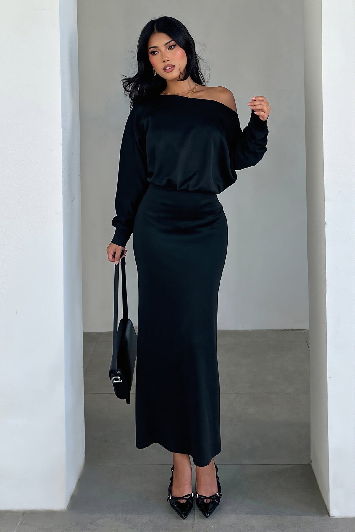 Satin Off Shoulder Long Sleeve Maxi Dress