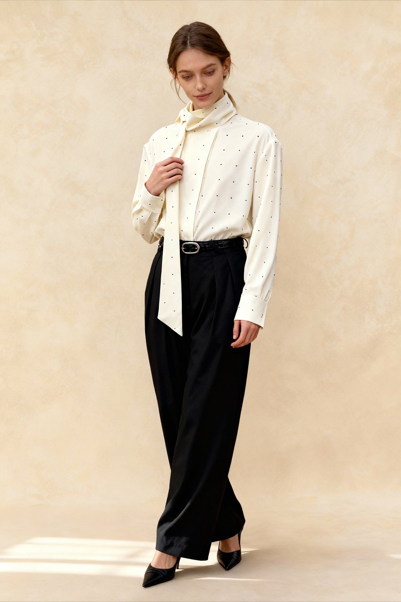 Polka Dot Ribbon-Tie Loose Long-Sleeve Blouse