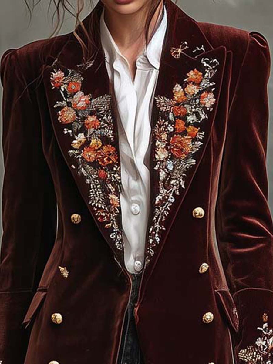 Wine Velvet Embroidered Long Coat With Gold Buttons - Fashionpara