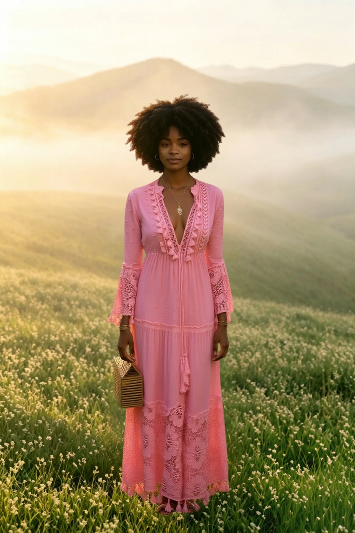 Crochet Trim V-Neck Bell Sleeve Tiered Maxi Dress 2