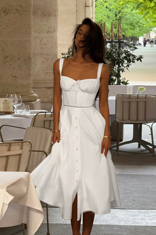 French U-Neck Drawstring Cutout Tie Cami Party Dress