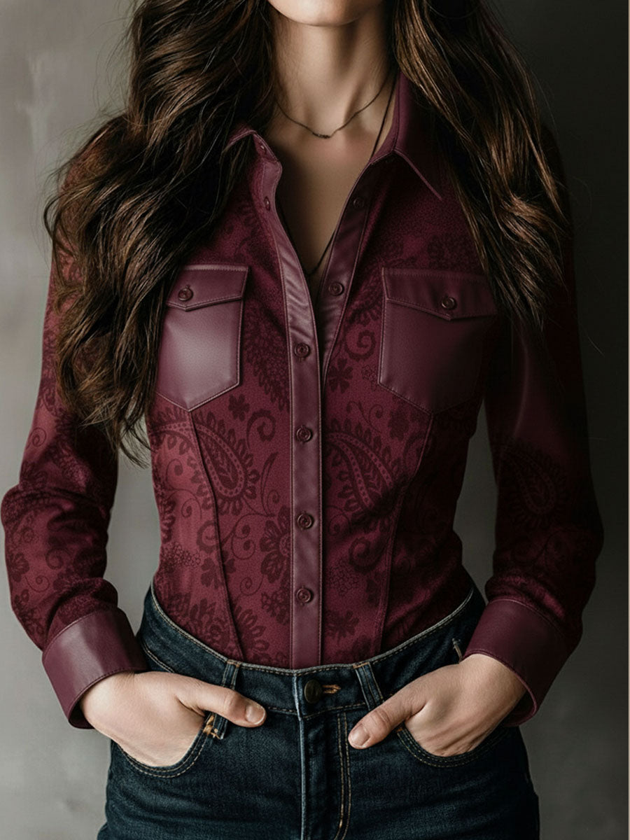 Western Charm Burgundy Paisley Embossed Blouse