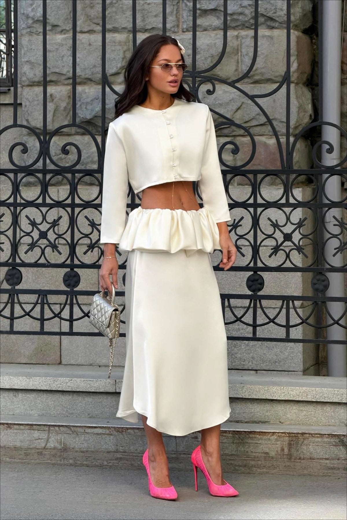 Ruffle-Panelled Satin Midi Skirt