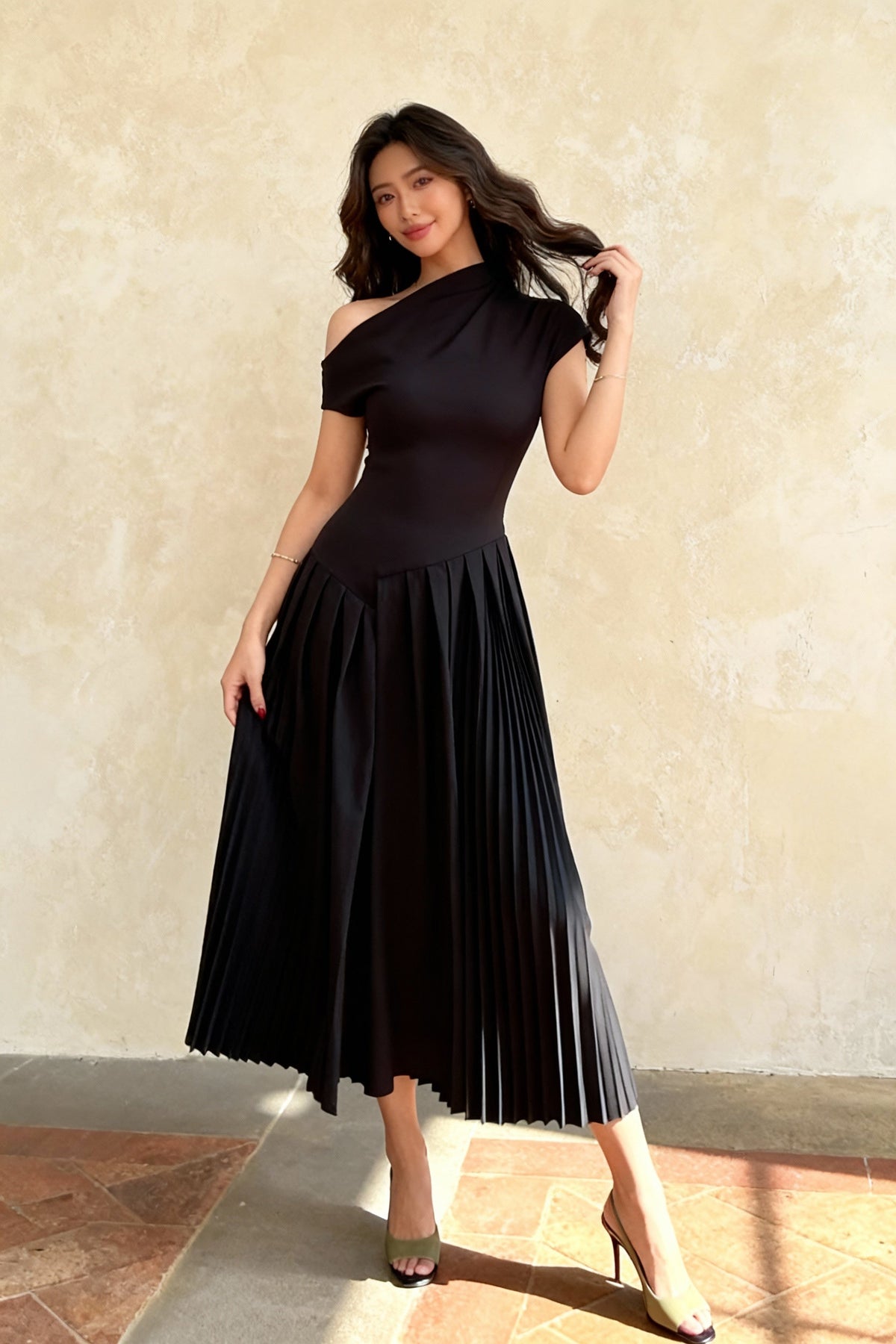 Asymmetric Neckline Ruched Waist Pleated Midi Dress