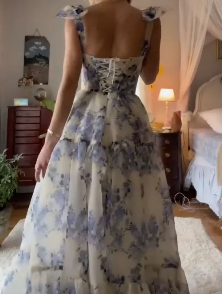 Sexy A line Long Blue Floral Prom Dress Blue and White Party Dresses