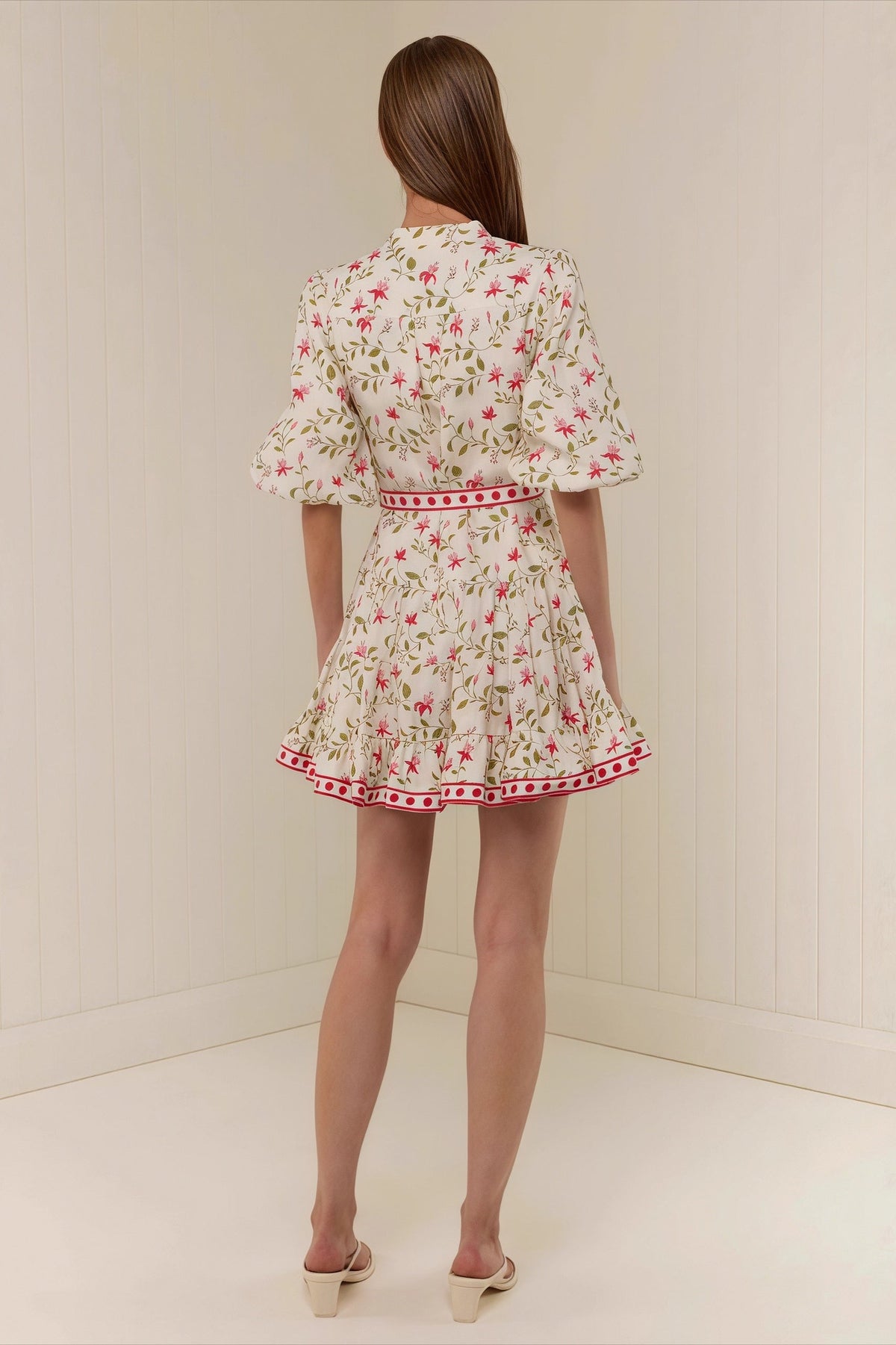 Floral High Neck Puff Sleeve Belted Fit and Flare Dress